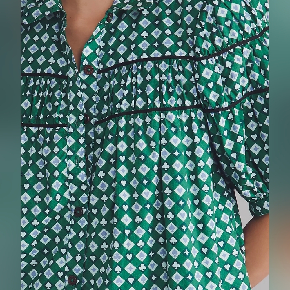Anthropologie Maeve Leandra Shirred Yoke Mini Dress Green Clubs Spades Motif - Picture 5 of 8